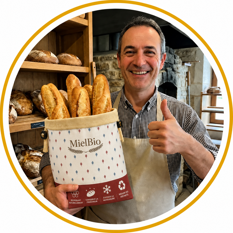 Artisan boulanger présentant le sac à pain MielBio ™