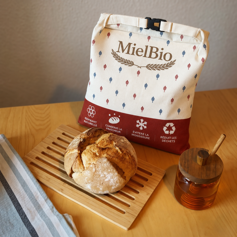 Sac à pain MielBio ™ sur plan de travail avec pain frais